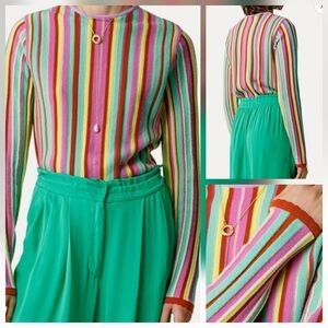 FORTE_FORTE Grenadine Tri Color Virgin Wool Stripe Ribbed Knit Sweater Italy Nwt